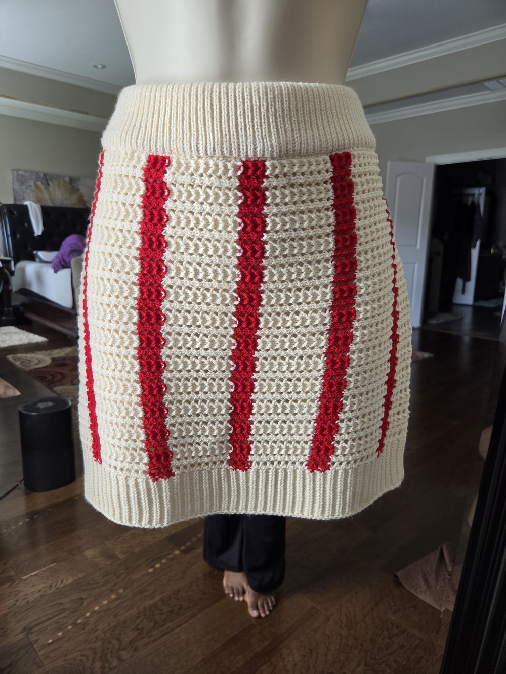 Cream Mini Knit Skirt with Red Stripe Detail